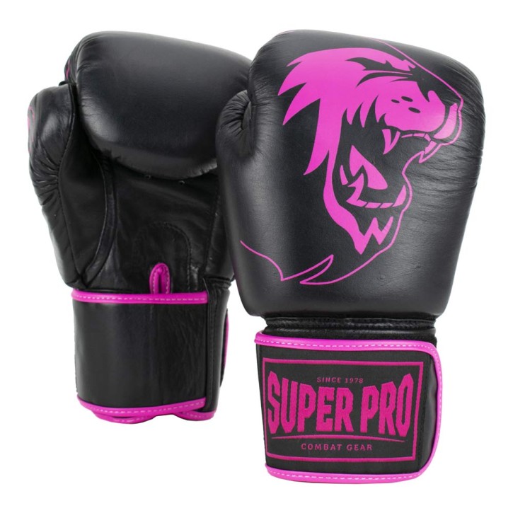 Super Pro Warrior Boxing Gloves Black Pink Leather