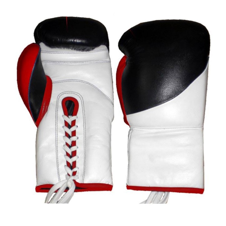 Lion Lace Up Boxing Gloves Leather Black White Red