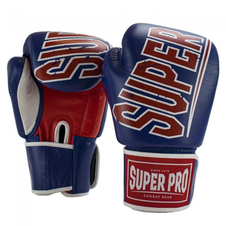 Super Pro Challenger Thai Boxing Gloves Leather Blue Red Whi