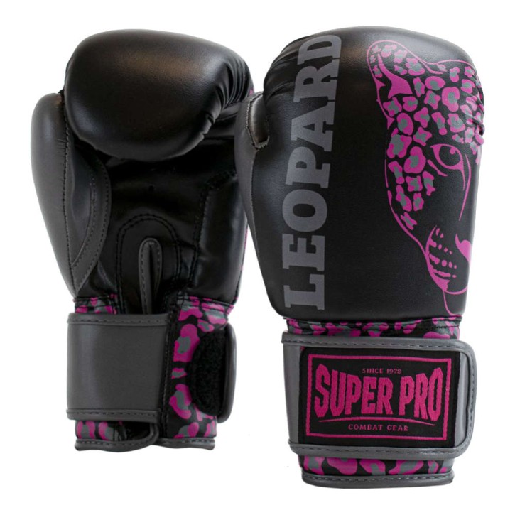 Super Pro Leopard Kids Boxing Gloves Black Pink