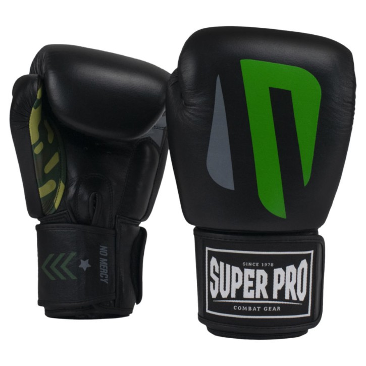 Super Pro No Mercy Kick Boxing Gloves Black Green Leather