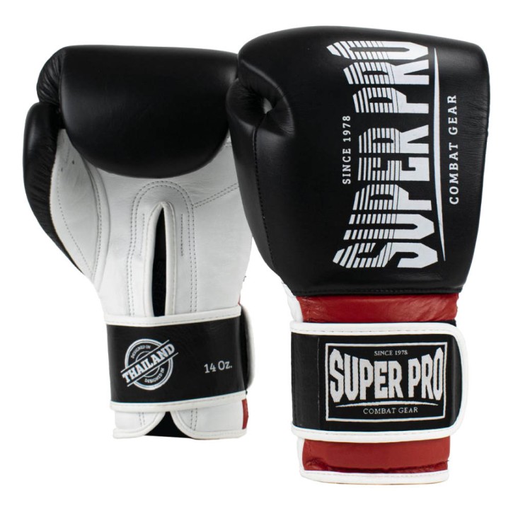 Super Pro Stripes Thai Boxhandschuhe Leder schwarz weiss rot