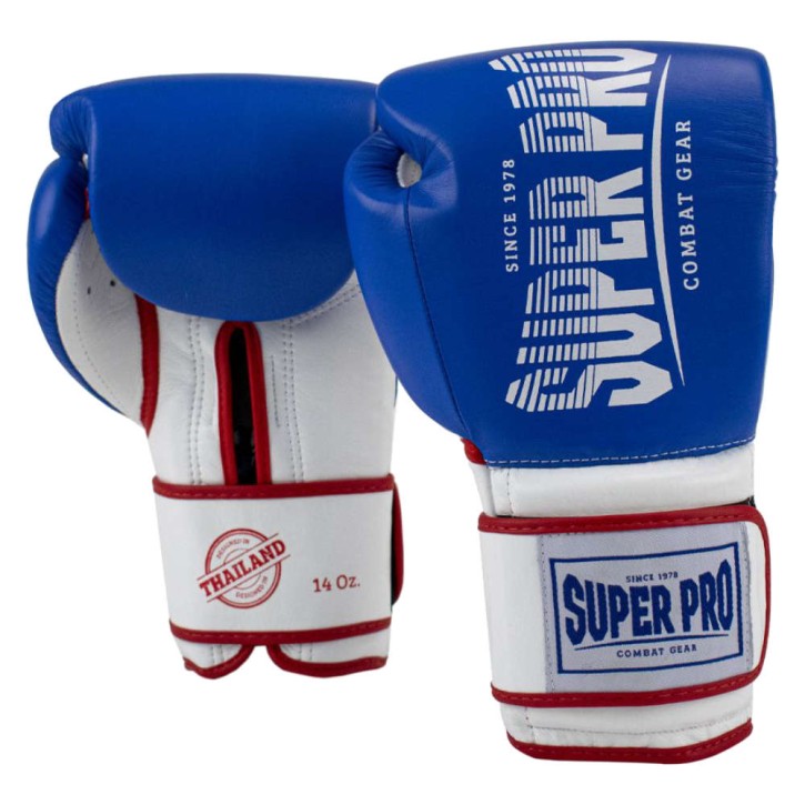 Super Pro Stripes Thai Boxhandschuhe Leder blau weiss rot