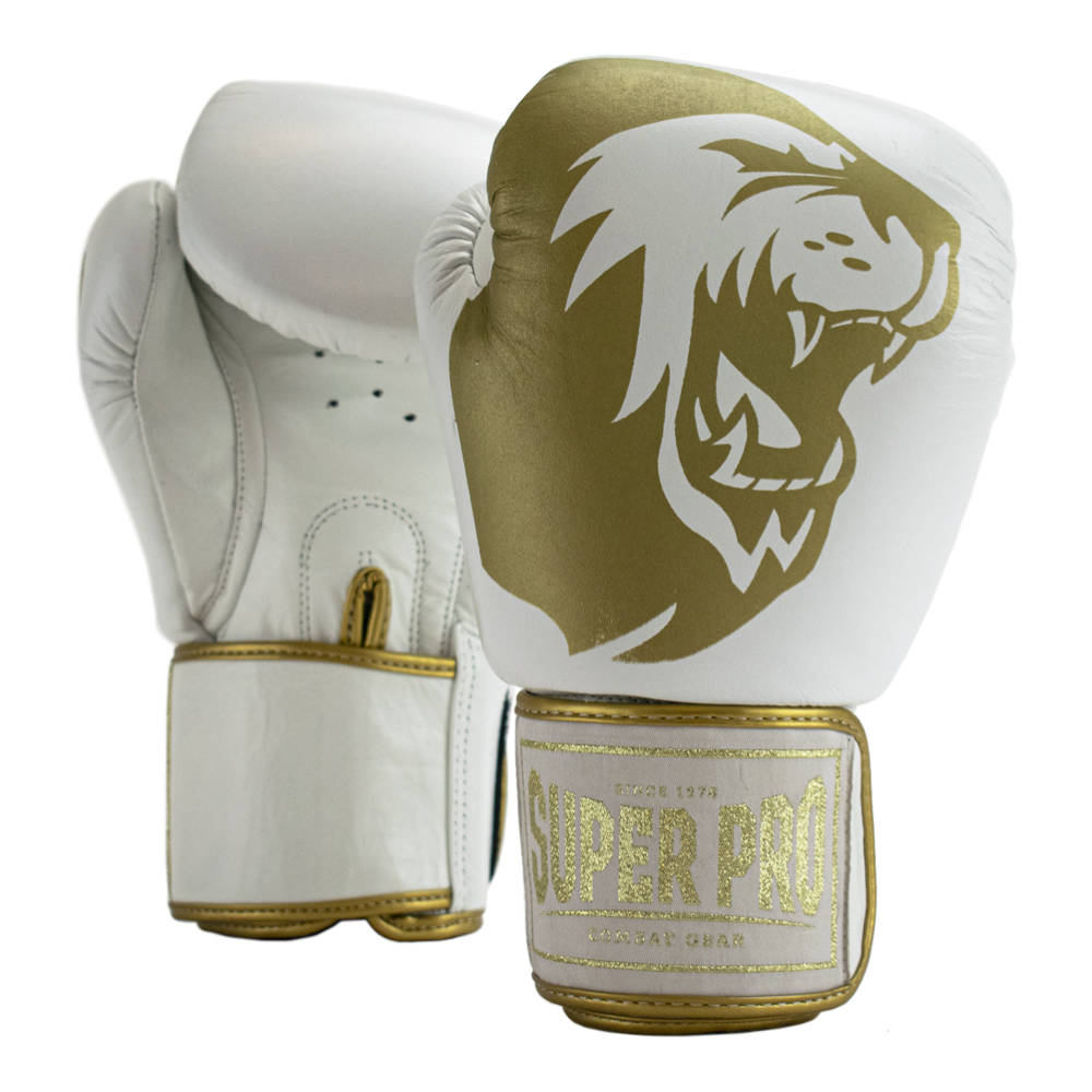 Super Pro Warrior Kick Boxhandschuhe Leder Weiss Gold-ADE_000283