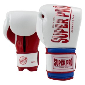 Super Pro Stripes Thai Boxhandschuhe Leder weiss rot blau